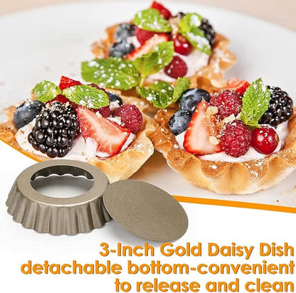 12 pcs Egg Tart Molds, 3" Mini Tart Pans Removable Bottom,Cupcake Cake Muffin Mold Tin Pan Baking, Mini Non-Stick Pan Reusable Quiche Bakeware Carbon Steel for Pies Cheese Desserts, Gold