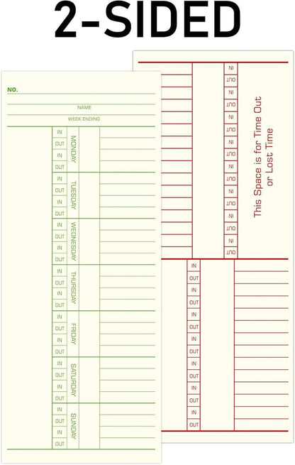 Weekly Time Cards 2-Sided, 3-3/8" x 8-1/4, Named Days, 100-Count,Time Cards for Employees, Green Print, Timecards for Time Clocks