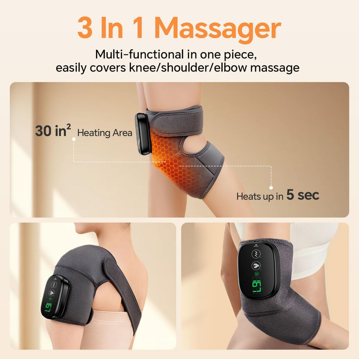 Foot Massager with Heat, Knee Shoulder Elbow 3 in 1 Feet Massager, Heated Knee Massager, Shoulder Massager with Heat Vibration, 210 mins Battery, Cordless Portable, Touchscreen Control
