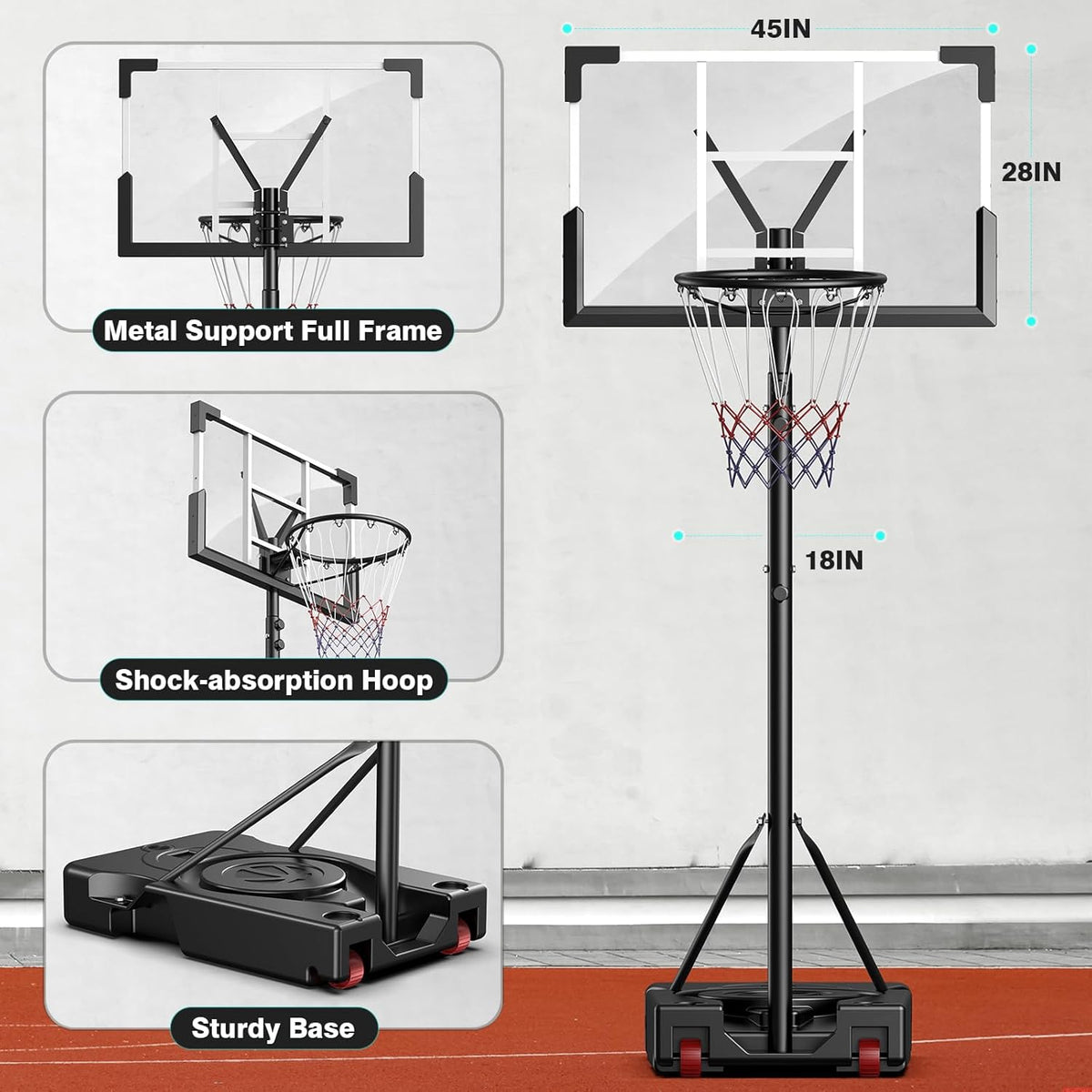 Basketball Hoop Outdoor, 10FT Adjustable Height, Portable Basketball Hoops Goal Court System w/ 45in Shatterproof Backboard for Kids Youth Adults