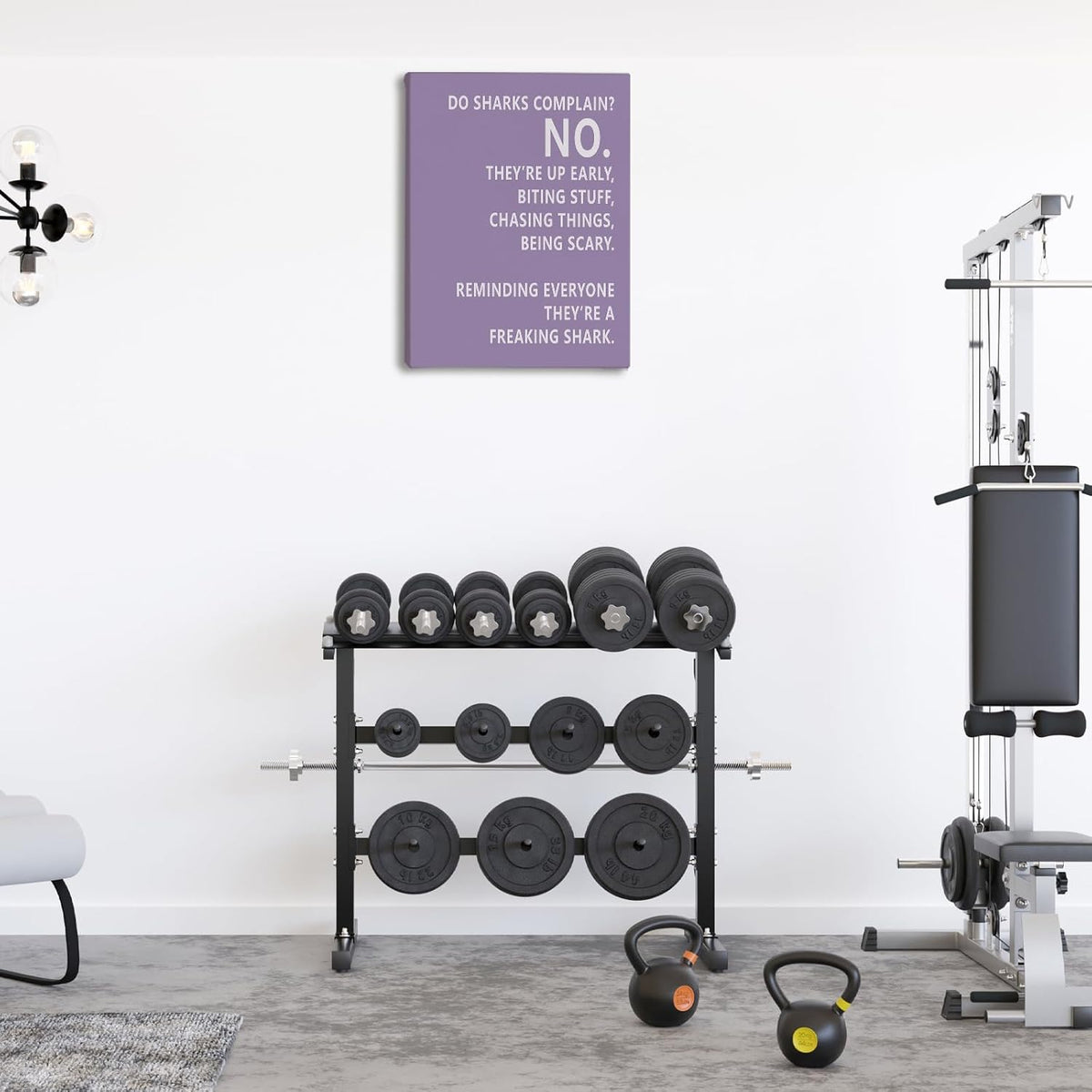 Rusenbao Gym Motivational Workout Wall Art, Home Gym Decor, Inspirational Workout Room Decor, Do Sharks Complain About Monday, Canvas Wall Art for Exercise Fitness Room Office, 11x14 inch(Purple)