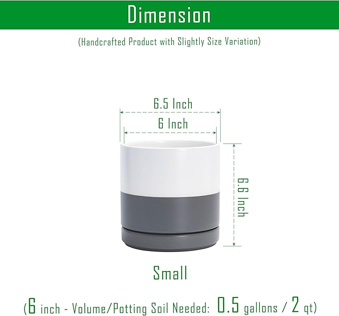 D'vine Dev 6.5 Inch Ceramic Planter Pot with Drainage Hole and Saucer, Indoor Cylinder Round Flower Pot, White/Speckled Grey, 94-O-C-6