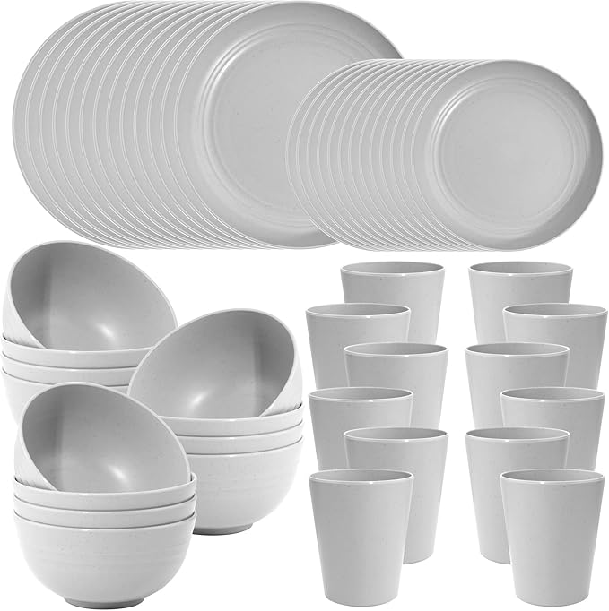 LIYH 48 Pcs Light Grey Plastic Wheat Straw Dinnerware Plates and Bowls Set,Camping Dish Set for 12, Dishwasher Safe Dinnerware Sets, Unbreakable Plates,Camping Dish Sets