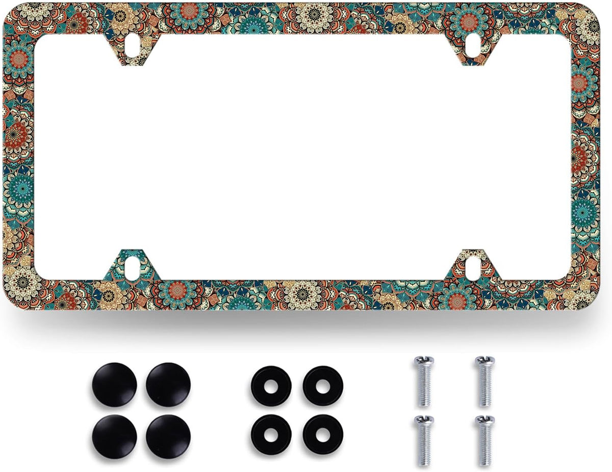 Vintage Mandala Flowers License Plate Frame Boho Floral License Plate Holder Funny License Plate for Car Decoration Stainless Steel Colorful Car Accessory with Screws Men Women 12.3" x 6.3"