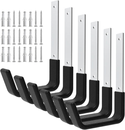 Heavy Duty Utility Hooks - Wall Mount, Hooks for Garage, Hose, Bike, Ladder, Leaf Blower Hanger (6 Medium)