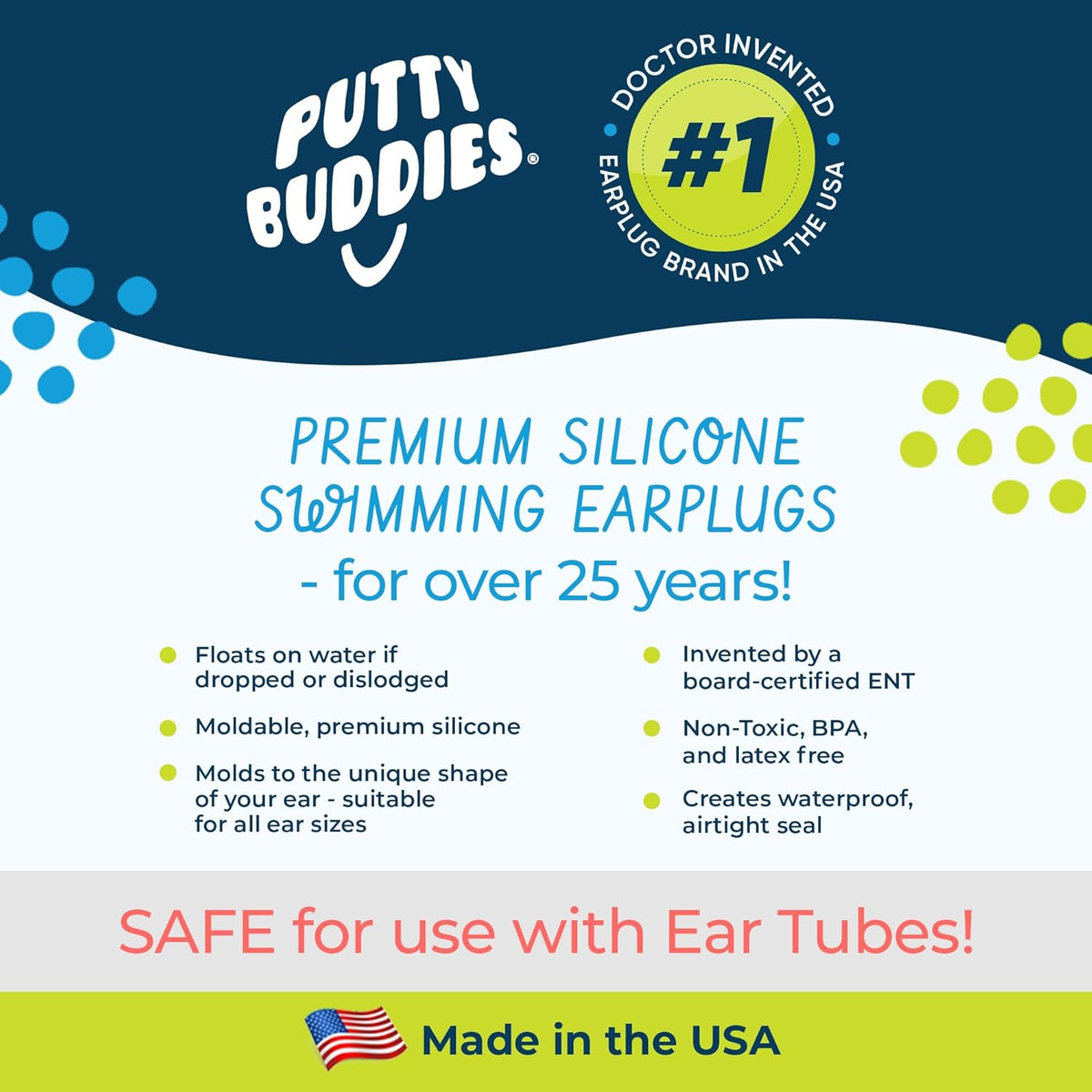 Earvolution Floating Putty Buddies Ear Plugs for Swimming - Invented by an Ear Physician - Moldable, Premium, Silicone - Floats on Water - Waterproof - Made in The USA - 3 Pack - Blue/Yellow/Green