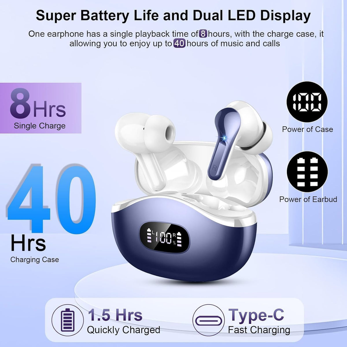 Wireless Earbuds, Bluetooth Headphones 5.3 HiFi Stereo Ear buds with ENC Noise Cancelling Mic, 40H Bluetooth Earbuds with Dual LED Display Charging Case, IP7 Waterproof Earphones for Android iOS, Blue