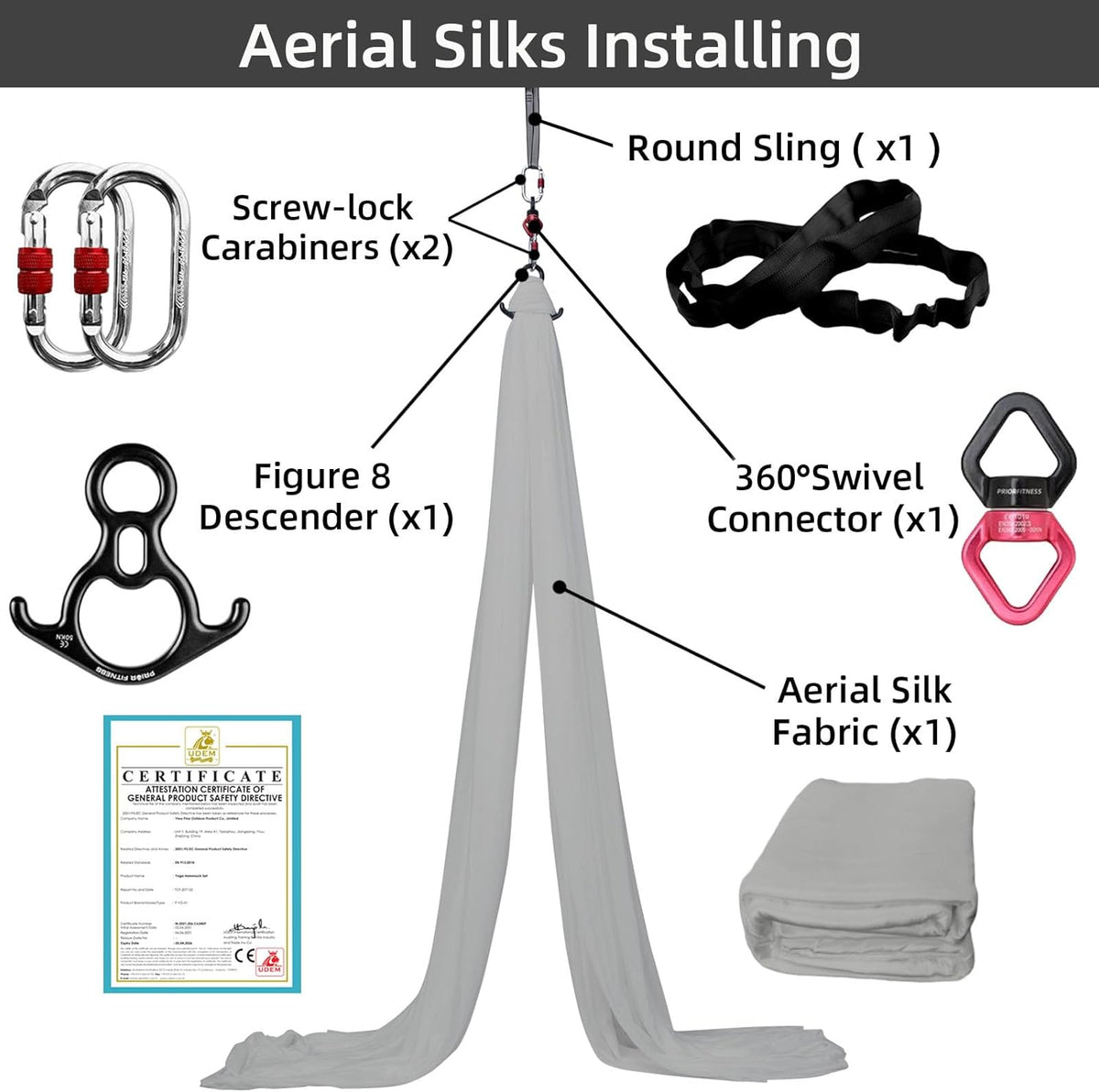 PRIOR FITNESS Aerial Silks Kit Colorful 9/15/20 Yards 40D Nylon Fabric Hammock Set With Hardware & Guide for All Levels Of Aerial Yoga Practice and Acrobatic Flying For Adults Aerial silk