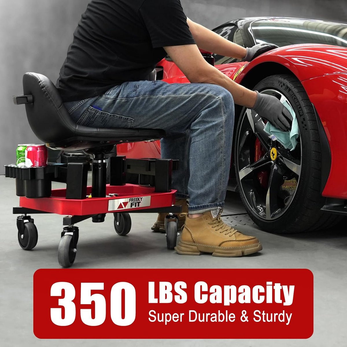 Rolling Shop Stool with Wheels, Adjustable Garage Mechanic Stool Seat Shop Roller Work Chair Mobile Rolling Seat with Tool Tray, 2 Cup Holders, 4" Casters, 350 LBS, Heavy-Duty, Red
