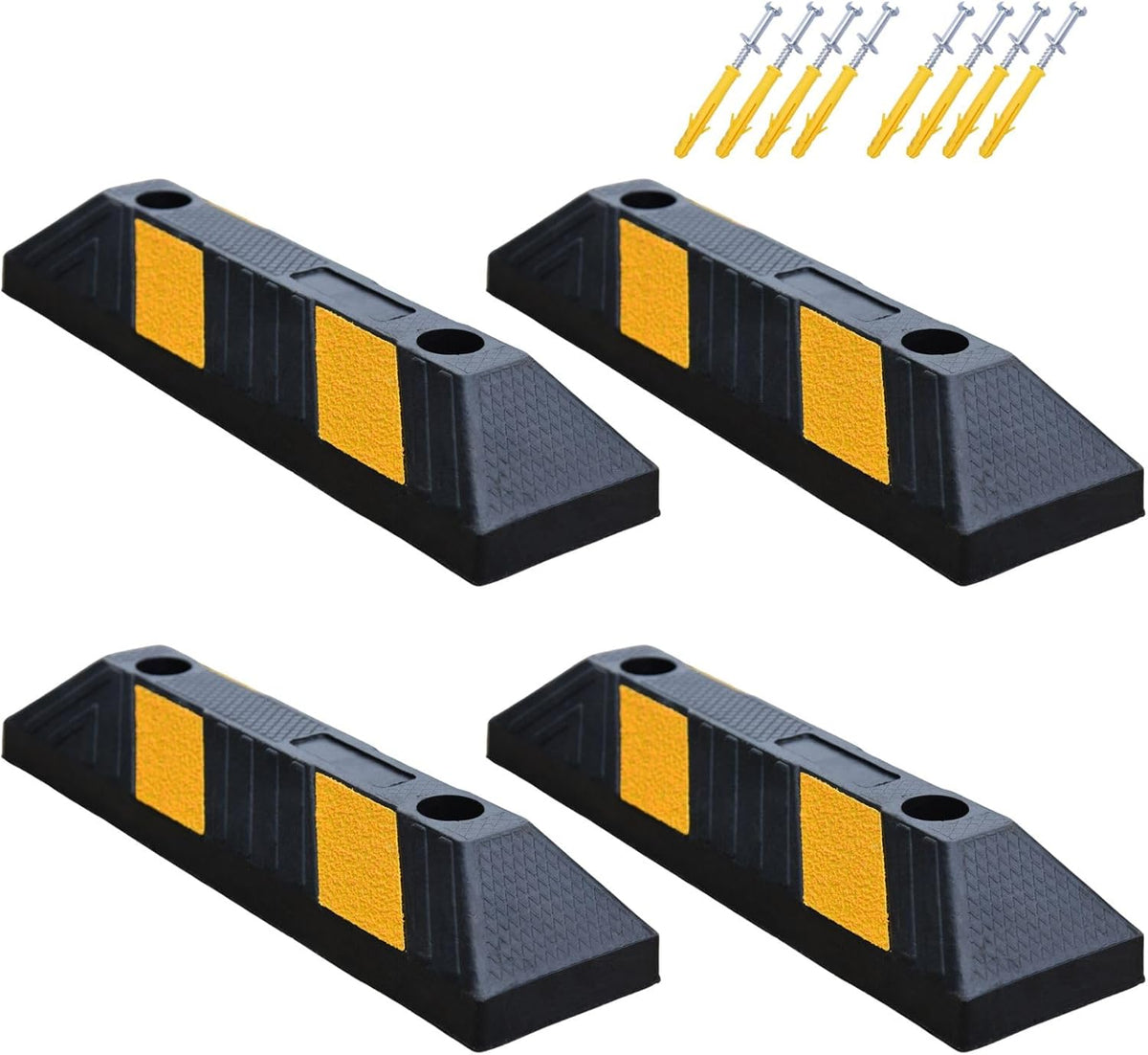 Heavy-Duty Parking Curb Wheel Stop - Driveway Vehicle Stopper for Cars, Trucks & RVs - Durable Rubber Car Barrier with Reflective Strip - Garage & Parking Lot Safety Curb Ramp (21" - 4Pack)