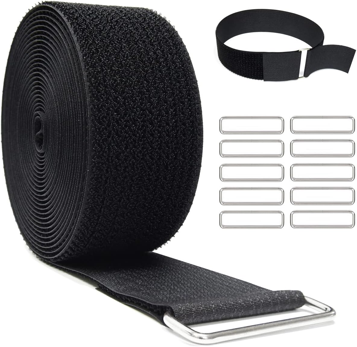2"x16ft Reusable Cinch Strap with 10 Metal Buckles, Cut-to-Length Fastening Securing Straps, Adjustable Nylon Cable Straps and Cord Ties for Organizer or Storage, 2 inch Wide, Black