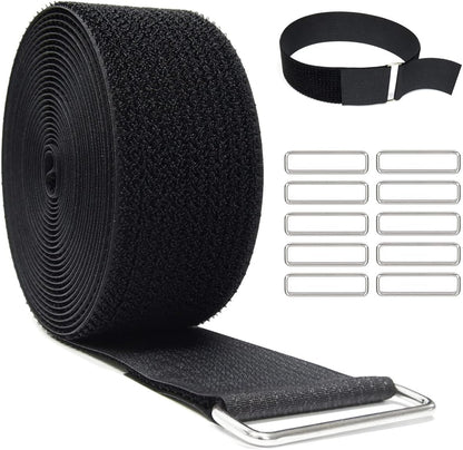 2"x16ft Reusable Cinch Strap with 10 Metal Buckles, Cut-to-Length Fastening Securing Straps, Adjustable Nylon Cable Straps and Cord Ties for Organizer or Storage, 2 inch Wide, Black