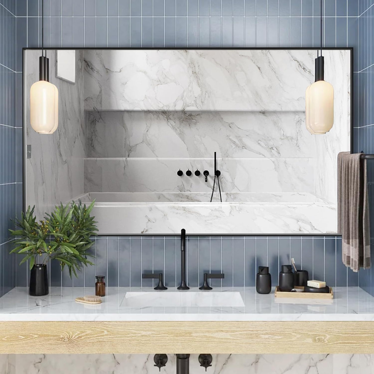 60x36 Inch Black Bathroom Mirror for Wall, Aluminum Frame Rectangle Rectangular Vanity Mirror, Modern Large for Bedroom, Living Room, Horizontal or Vertical