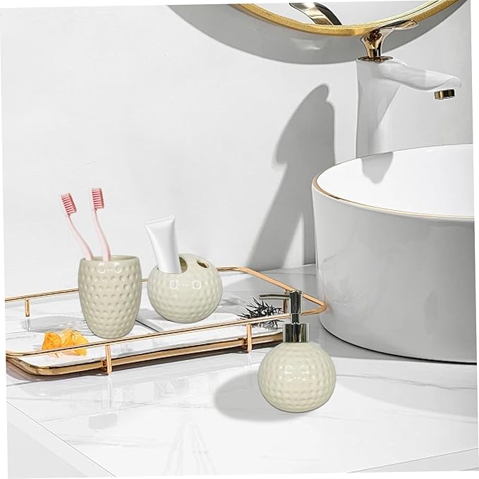 Bathroom Sink Set, 4Pcs White Bathroom Accessories Set Engraved Soap Dispenser with Toothbrush Holder & Tumbler & Soap Dish Ceramic Accessories for Home Hotel
