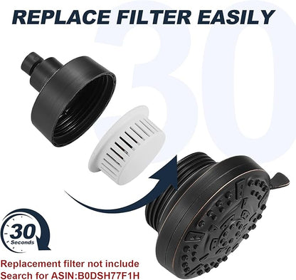 High Pressure Shower Filter Head Oil Rubbed Bronze Fixed Shower Head 7 Settings, 5 Inch Bathroom Rain Shower Head with Enhanced Filter for Hard Water, Reduces Chlorine and Harmful Substances