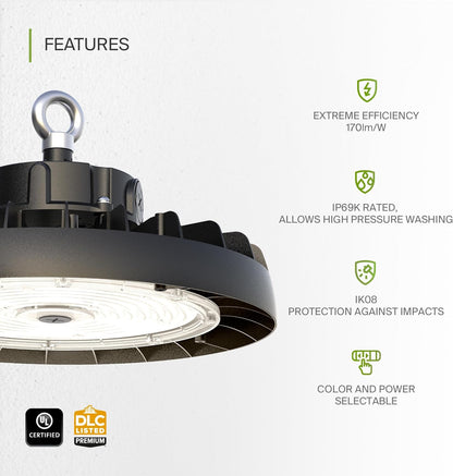 ASD LED High Bay UFO Light Fixture, Commercial Shop Lighting | 3CCT, Dimmable, IP69K Waterproof, DLC Premium, UL Listed | 240W 37600LM 3000-5000K 100-277V | Warehouse, Garage, Workshop Lamp | Black