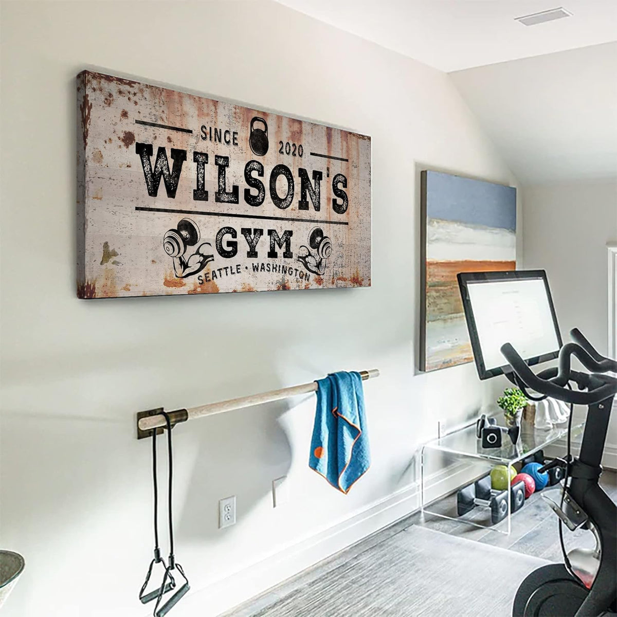 TAILORED CANVASES Personalized Gym Sign Wall Art Decor - Motivational Canvas s for Home Gym, Workout Room, Garage, Fitness Center - Workout Inspirational Posters - Kettlebell on Rustic, 48x24in