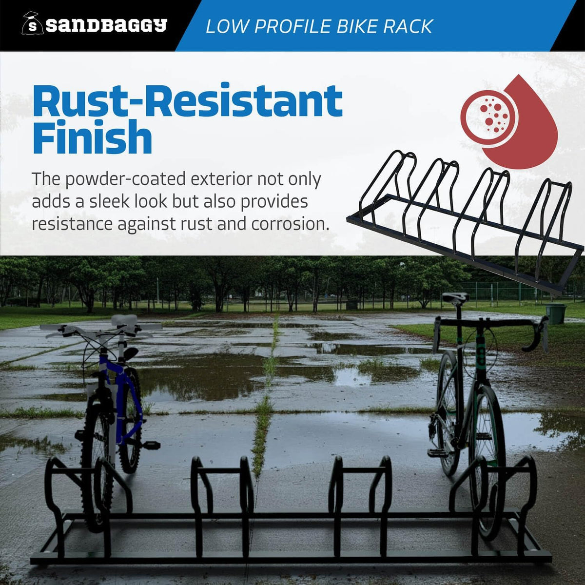 Sandbaggy Commercial Low Profile Bike Rack - Outdoor, Surface Mount, Steel - 4 Bike (4 Capacity (Low-Profile), 10)