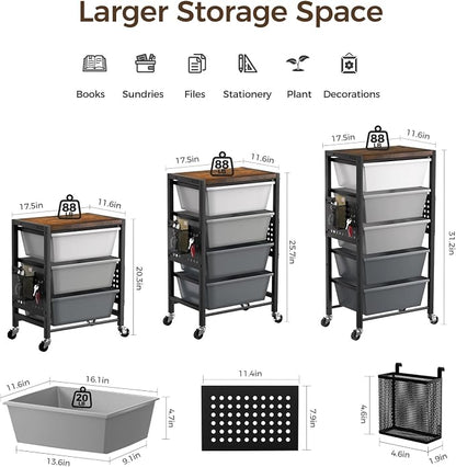 Rolling Cart with 5 Drawers, Plastic Drawer Storage Carts with Wheels & Wooden Tabletop, Metal Utility Cart with Pegboards, Office Living Room Classroom Craft Organization and Storage, Dark Grey