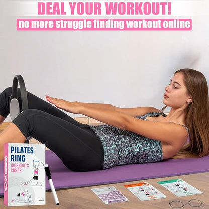 Pilates Ring Workouts for Women-58 Exercise Cards with Pilates Mat Workout Postures，ncludes 4-Week Challenge,2 Rings& Dry-Erase for Easy Organization-Home, Gym or Studio