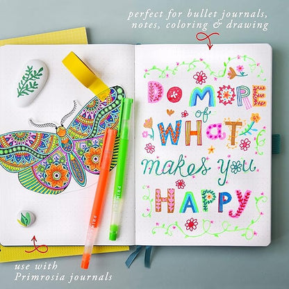 Primrosia 48 Gel Pens, inc. Metallic, Pastel, Glitter & Flourescent for Adult Coloring Book & Dot Grid Journal Pens. No-Bleed-Through in a Variety of Shades, 7.5x More Ink Fine Point Markers Set