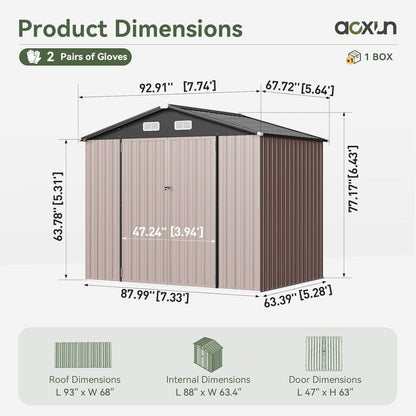 Aoxun 7x5 FT Outdoor Storage Shed Garden Metal Shed with Lockable Door Outdoor Large Shed for Tool, Garbage Can, Bike, Mower, Brown