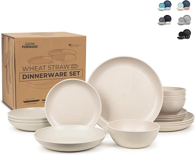 Grow Forward 16-piece Premium Wheat Straw Dinnerware Sets for 4 - Unbreakable Dishwasher & Microwave Safe Plastic Plates and Bowls Sets - Patio, Outdoors, RV, Camping Dishes - Sahara