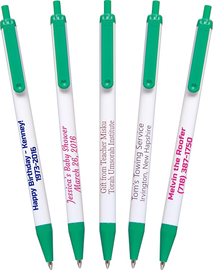 USA Made, Personalized Writing Ink Ballpoint Novelty Pens, Custom Printed with Your Logo & Text (Pack of 1,000 White Pens with Medium Green Trim)