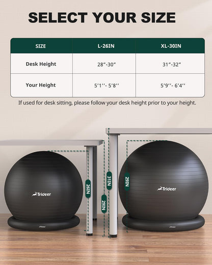 Trideer Exercise Yoga Ball Chair with Base for Home Office Desk, Stability & Fitness Ball Seat to Relieve Back Pain, Home Gym Workout for Abs, Pregnancy Ball with Pump