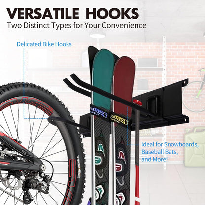 Garage Organization, 48 Inch Garden Tool Organizer Max Load 525 lb, Garage Tool Organizer Wall Mount with 7 Organization Hooks and Bike Hooks, Updated 16 Inch Studs Spacing