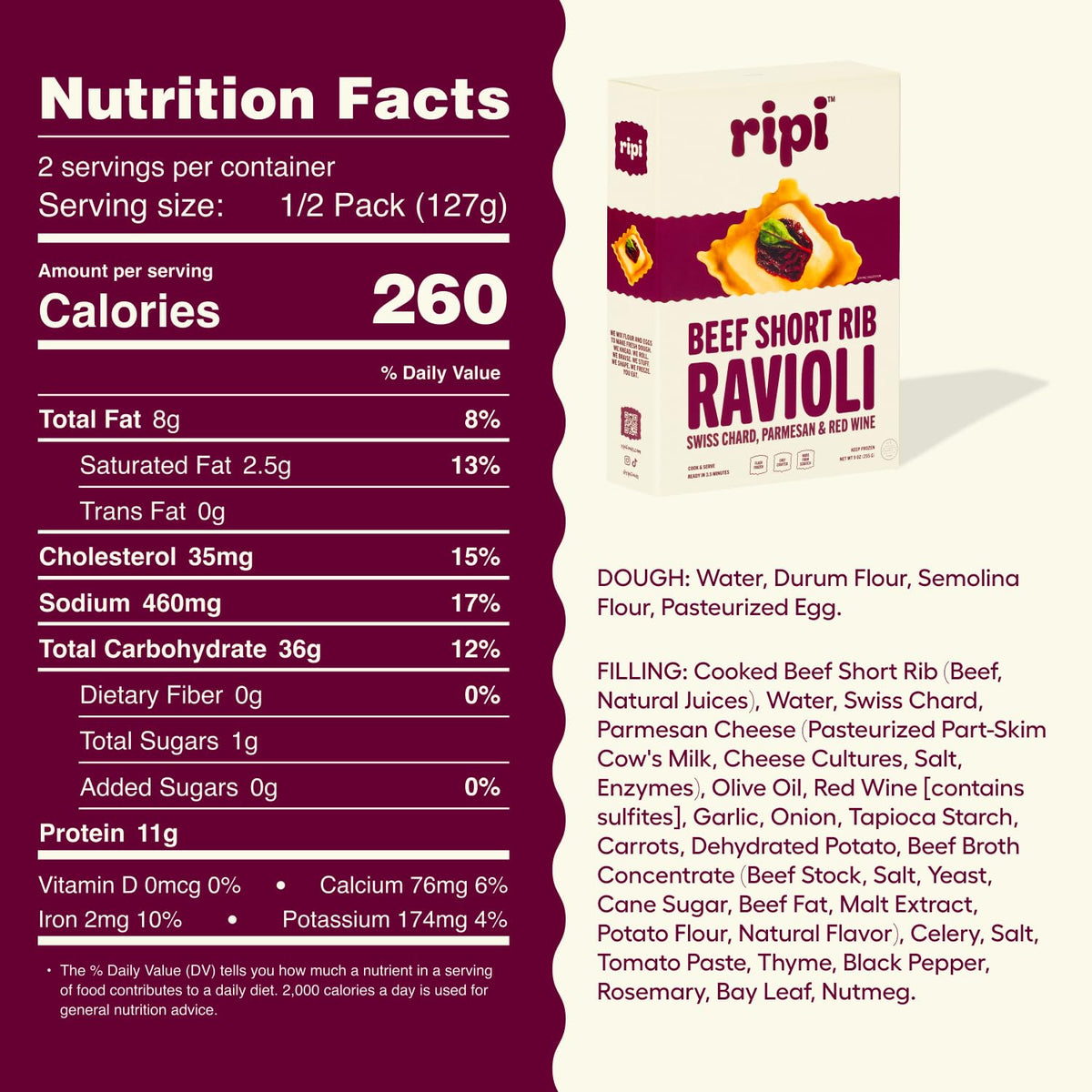 Ripi Braised Short Rib Ravioli - Red Wine, Swiss Chard & Parmesan - Frozen Pasta Meal - Ready in Under 5 Minutes, 9oz packs (6 Pack, Beef Short Rib)