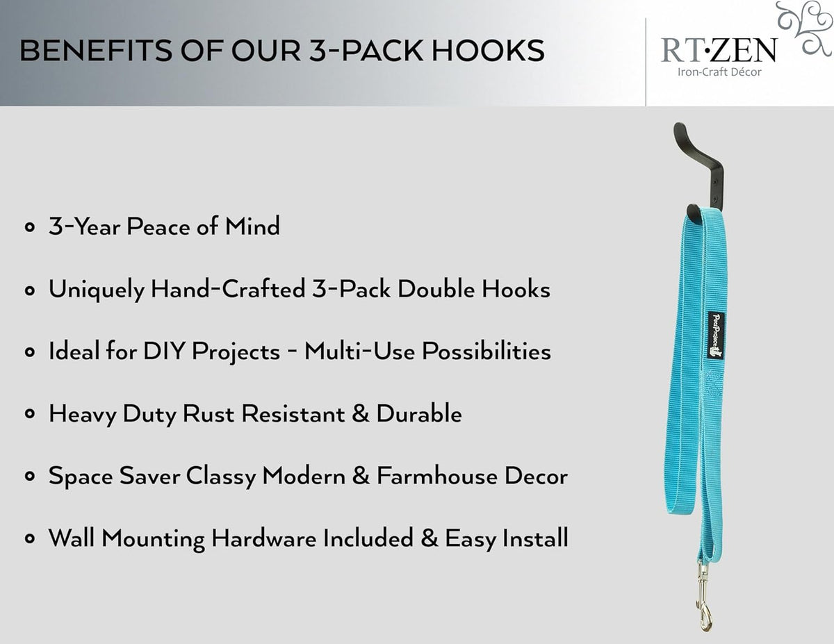 RTZEN Wall Mount Hook Set - Wrought Iron Decorative Rustic Metal Coat Hooks for Hanging - Handcrafted Classic Farmhouse Wall Mounted Black Hooks for Towel Robe or Hat Hanging - 3 Pack