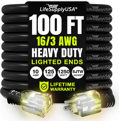 100ft Outdoor/Indoor Extension Cord 16/3 Gauge Heavy Duty 3 Prong SJTW, Waterproof, Flexible Cold-Resistant Long Power Cord,10A 125V 1250W, Black by LifeSupplyUSA
