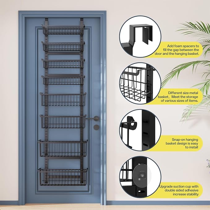 Over The Door Pantry Organizer, 8-Tier Over The Door Organizer with Adjustable Baskets, Metal Hanging Spice Rack for Pantry Organizers and Storage, Suitable for Kitchen Laundry Room & Bathroom, Black
