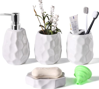 Ceramic Bathroom Accessories Set 4 PCS,Bathroom Toothbrush Holder Set,Soap and Toothbrush Holder Set,Include Toothbrush Holder,Soap Dispenser,Tumbler,Soap Dish,Bathroom Sets Decor Organizer (White)