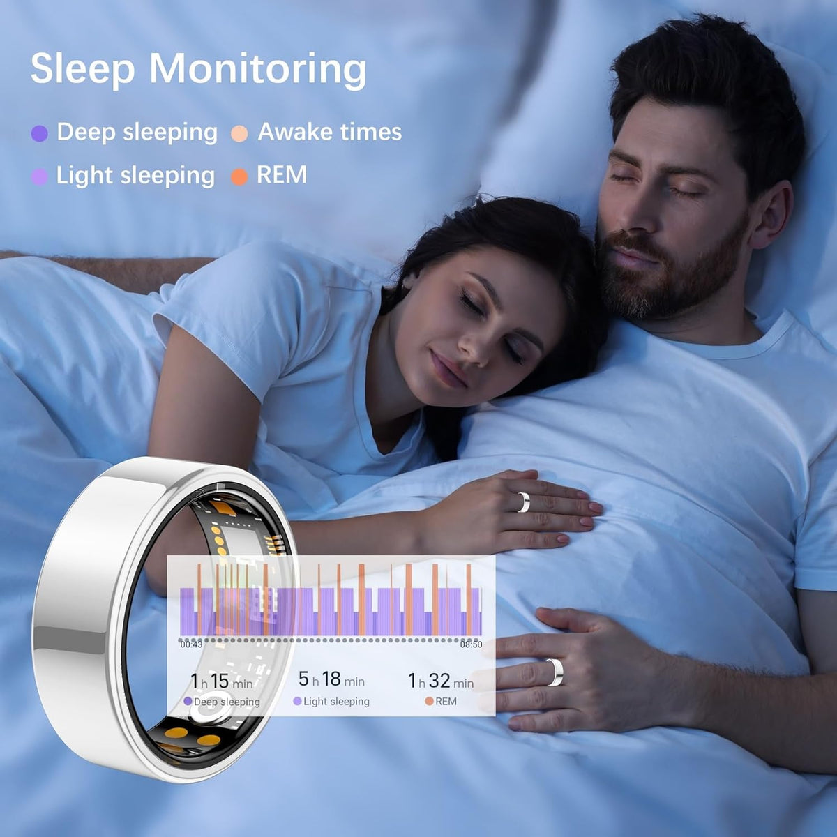 Ring Health Tracker for Women Men, Fit Ring with Heart Rate, Blood Oxygen, Sleep Monitor, Calories, Step Counter, IP68 Waterproof Smart Ring for iPhone & Android, No Subscription Fee (Silver, 11#)