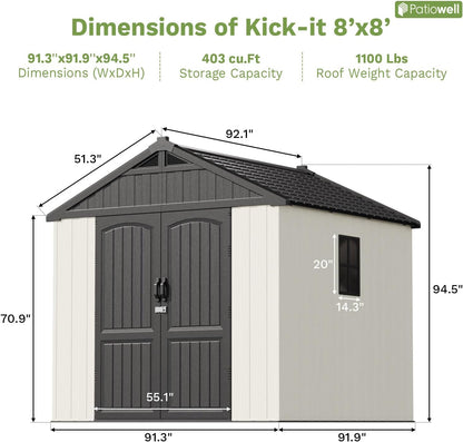 Patiowell 8 x 8 FT Resin Outdoor Storage Shed with Floor, Large Shed with Light and Lockable Door for Garden, Backyard, Tool Storage Use, Easy to Install in Beige (Kick-it Shed)