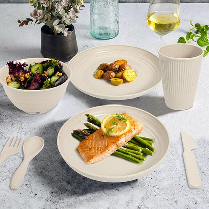 Wheat Straw Dinnerware Sets - SGAOFIEE 36 Piece Unbreakable Dinnerware Sets, Reusable Wheat Straw Plates and Bowls Sets, Travel Camping Cutlery Set, Dishwasher Microwave Safe Dinnerware-Beige White