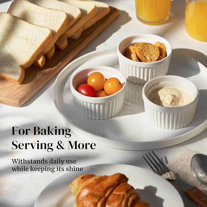 DOWAN Ramekins 4 oz Oven Safe for Creme Brulee Souffle, Porcelain Custard Cups Ramiken for Baking, Small Bowls Dipping Sauce Dish Classic Style, Set of 6, Soft White