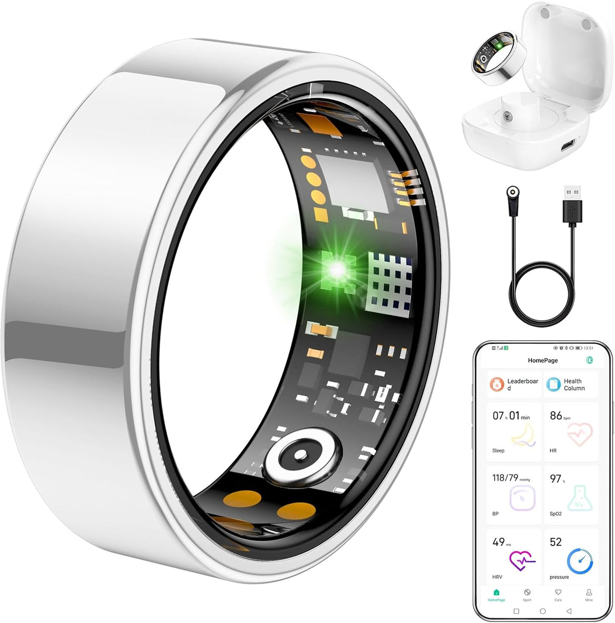 Ring Health Tracker for Women Men, Fit Ring with Heart Rate, Blood Oxygen, Sleep Monitor, Calories, Step Counter, IP68 Waterproof Smart Ring for iPhone & Android, No Subscription Fee (Silver, 12#)