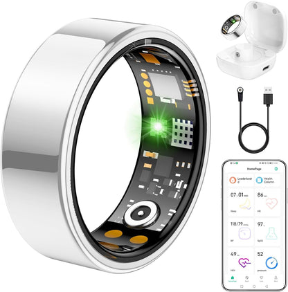 Ring Health Tracker for Women Men, Fit Ring with Heart Rate, Blood Oxygen, Sleep Monitor, Calories, Step Counter, IP68 Waterproof Smart Ring for iPhone & Android, No Subscription Fee (Silver, 12#)