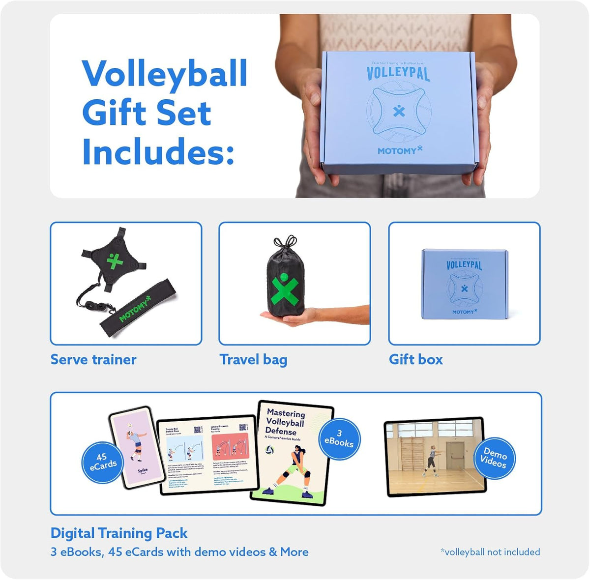 MOTOMY™ Volleyball Training Equipment Aid ‘VolleyPal’ – Solo Rebounder Trainer for Serve, Spike, Set & Pass; Indoor and Outdoor Practice Gear Gifts for Beginners & Experts