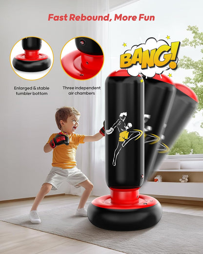 QPAU Kids Punching Bag Toy with Boxing Gloves, 66 Inch Larger Stable Kids Inflatable Boxing Bag Set, Gifts for Boys & Girls Age 6-12, for Practicing Karate, Taekwondo, MMA
