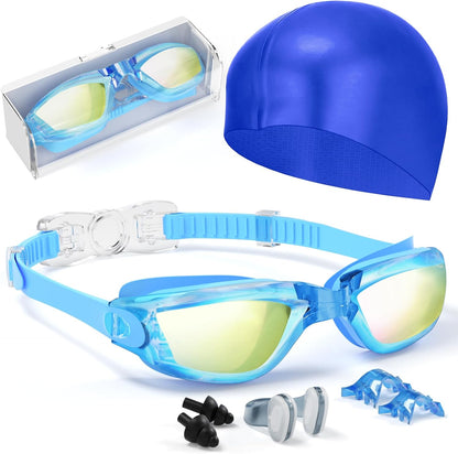 Kids Swim Goggles, Swimming Goggles for Kids Toddlers 3-14 with Swim Cap, Nose Clip, Nose Bridge, Ear Plugs