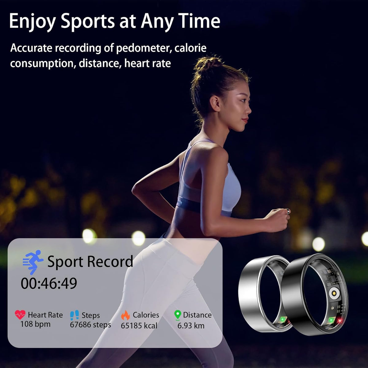 Smart Ring for Women Men, Sleep Tracker Ring, Waterproof Fitness Tracker Health Rings with Heart Rate Monitoring, Blood Oxygen, Stress Distance Calories Steps Tracking, No Subscription Fee(Black,#7)