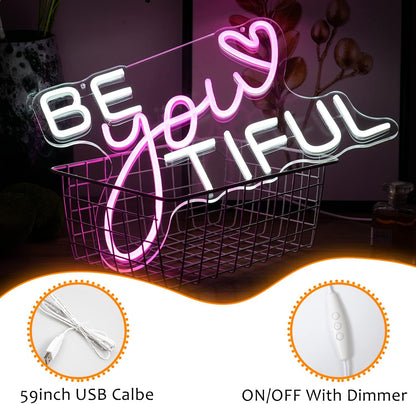 Be Your Tiful Neon Sign Dimmable Letter Neon Signs White Pink Wall Decorative Lights Powered USB with Switch for Bedroom Kid Room Shop Apartment Birthday Party Wedding （15.7’’X11.8’’）