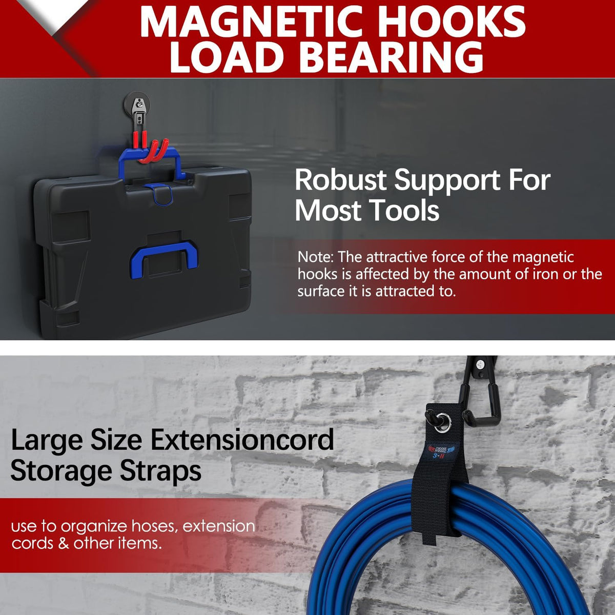 3-H Heavy Duty Magnet Garage Hooks 4 Pack, J Shape Strong Magnetic Hooks for Hanging Cordless Power Drill, Utility Magnetic Tool Holder for Metal Cabinet, Steel Pegboard, Toolbox, Garage(Red)
