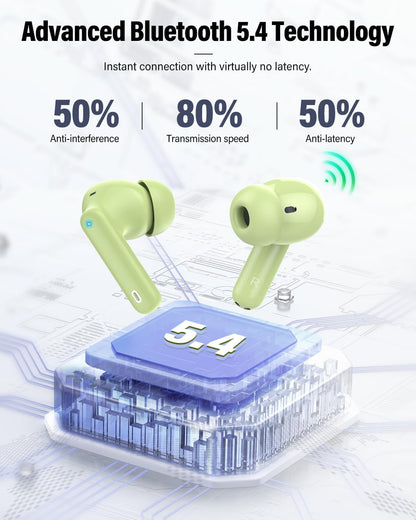 Wireless Earbuds, Bluetooth 5.4 Headphones Bass Stereo, Ear Buds with Noise Cancelling Mic, IP7 Waterproof in Ear Earphones, 36H LED Display Bluetooth Earbuds for Laptop Pad Phones Sports, Grass Green