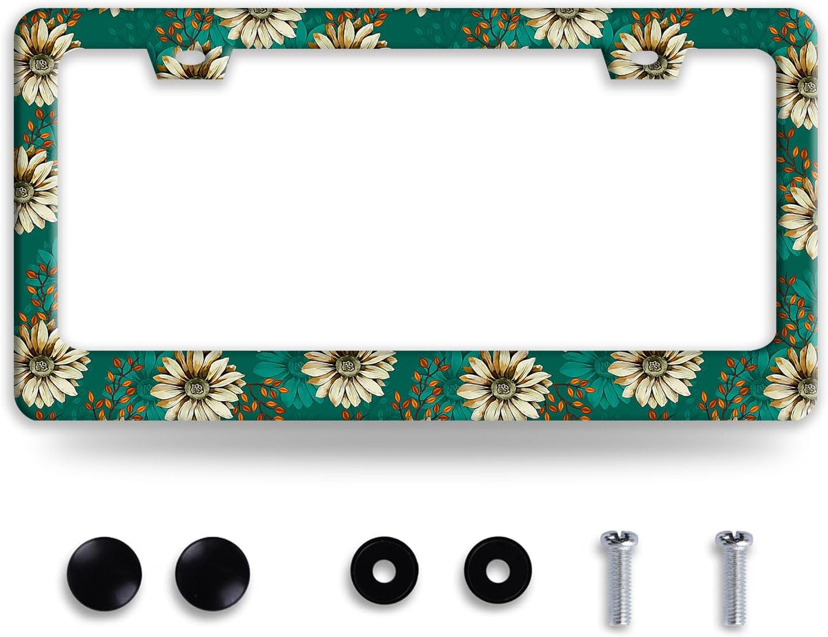 Vintage Daisy Floral License Plate Frame Colorful Flowers License Plate Frames Funny Auto Accessories Stainless Steel License Plate Holder 6x12 Inch