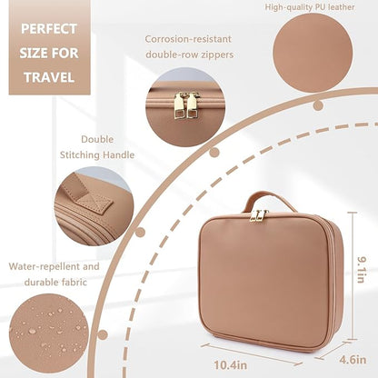 Travel Makeup Bag for Women and Makeup Artists Cosmetic Organizer Large Makeup Case,Travel Makeup Bag with Mirror 3 Color Setting,Portable Storage and Adjustable Dividers(khaki)